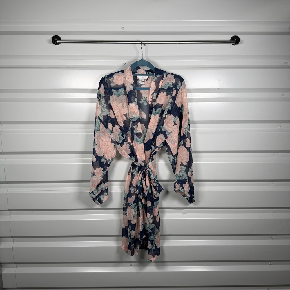 Boutique Intimates Sheer Floral Robe Kimono Navy‎ Pink Roses M